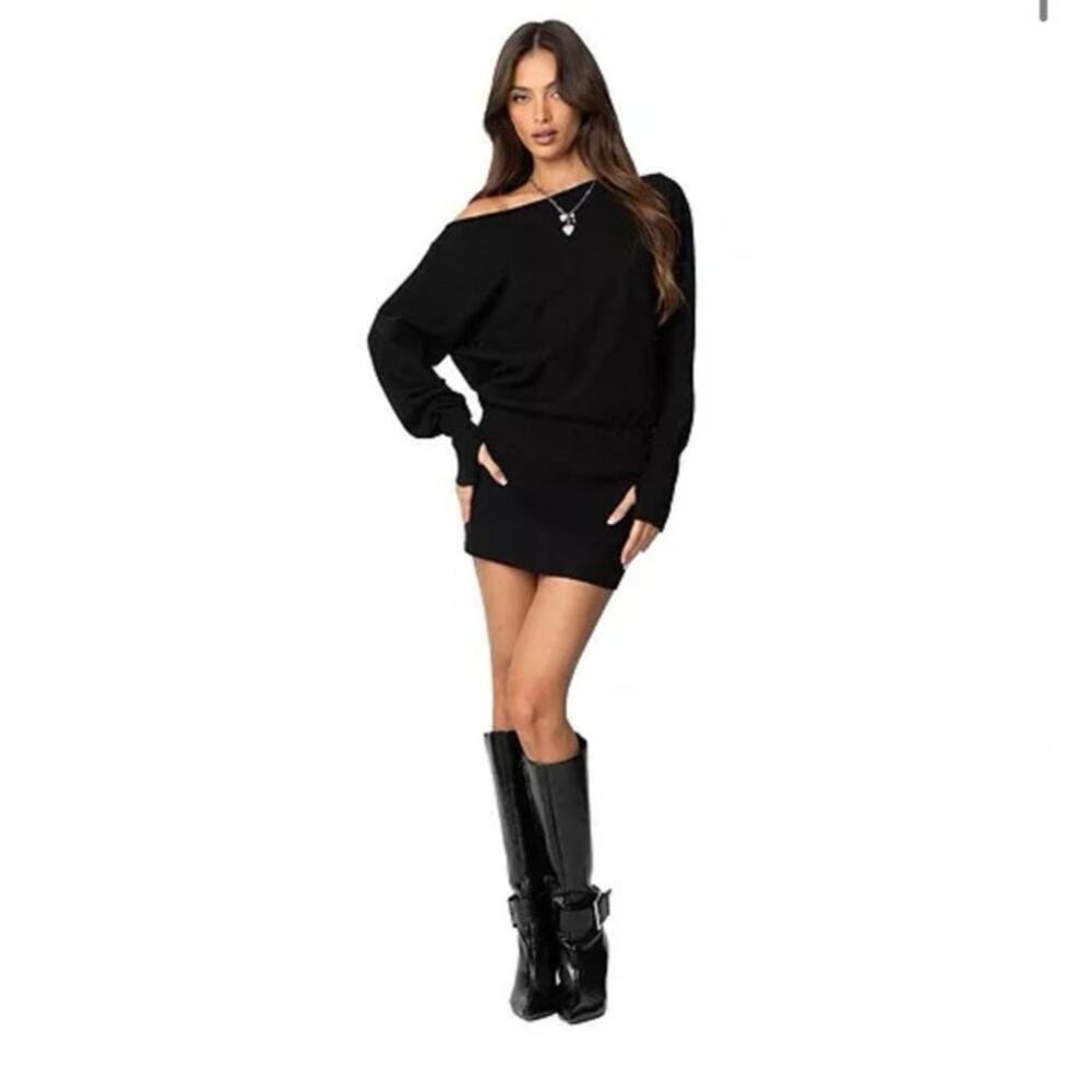 Edikted Women's Eve Off Shoulder Knit Mini Dress 90s Sweater Dress Size M